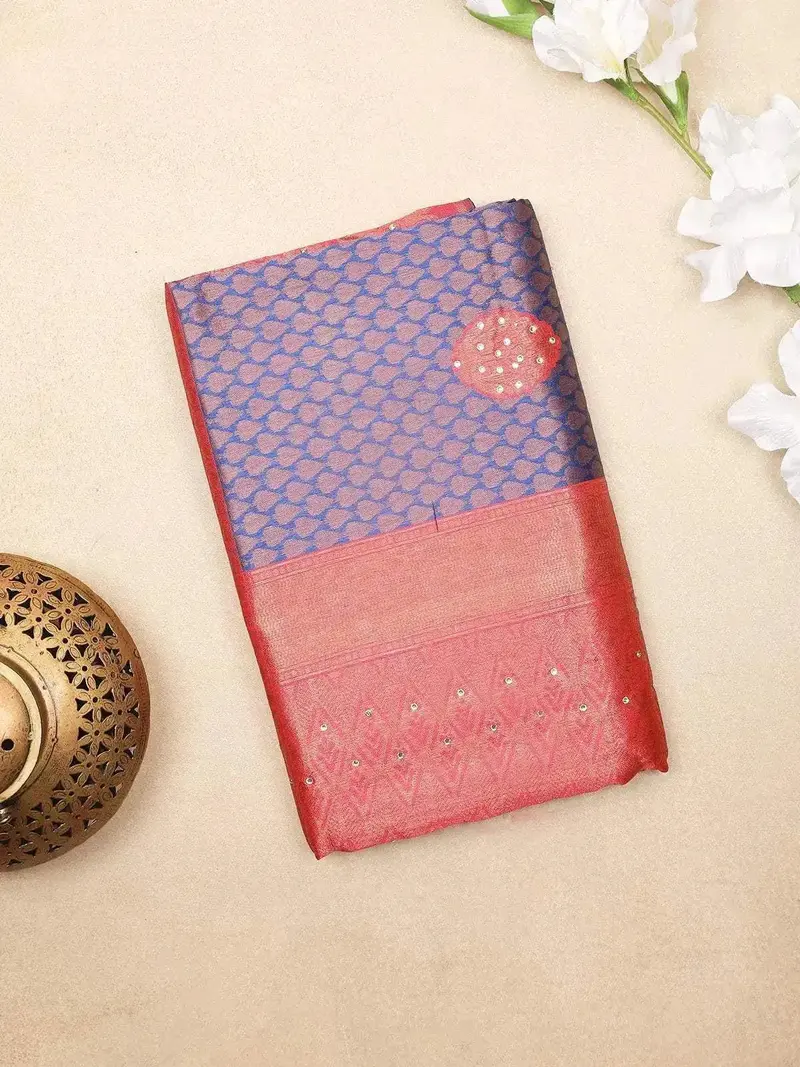 Blue Art Silk Saree With Leaf And Floral Design On The Body With Contrast Border 1