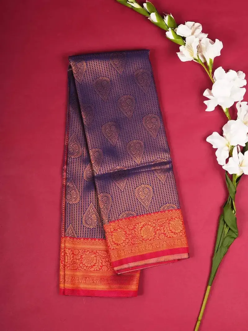 Blue Art Silk Saree With Leaf And Floral Motifs On The Body With Contrast Designed Border 1