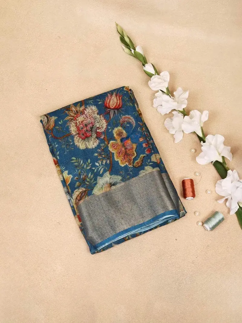 Blue Banarasi Silk Saree With Floral Jacquard Design On The Body With Zari Border 1