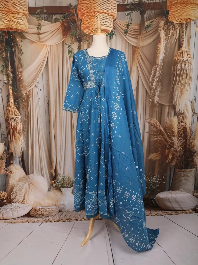 Blue Bandhani Printed Cotton Salwar Suit With Dupatta 1