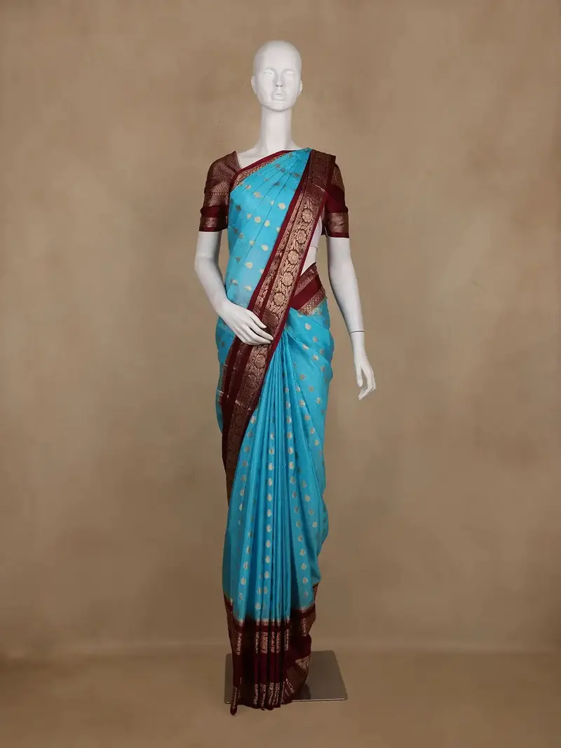 Blue Butta Designed Art Silk Saree With Contrast Border 1