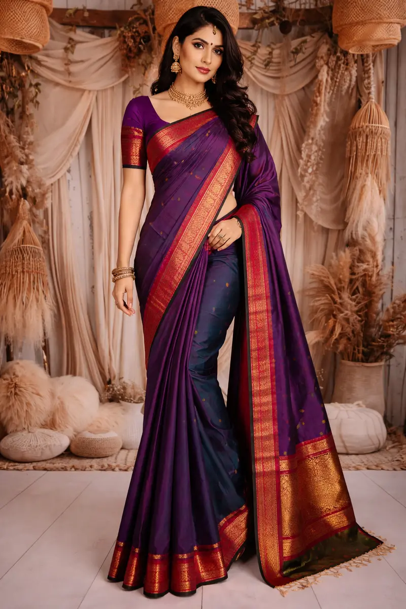 Blue Butta Zari Woven Design Pure Kanchipuram Silk Saree With Contrast Double Zari Border 1