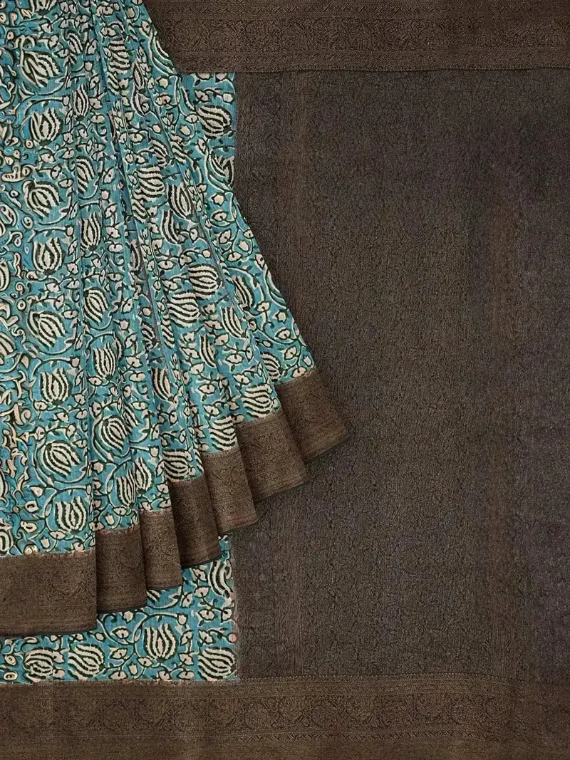 Blue Chanderi Silk Saree With Floral Prints On The Body And Thread Border 1