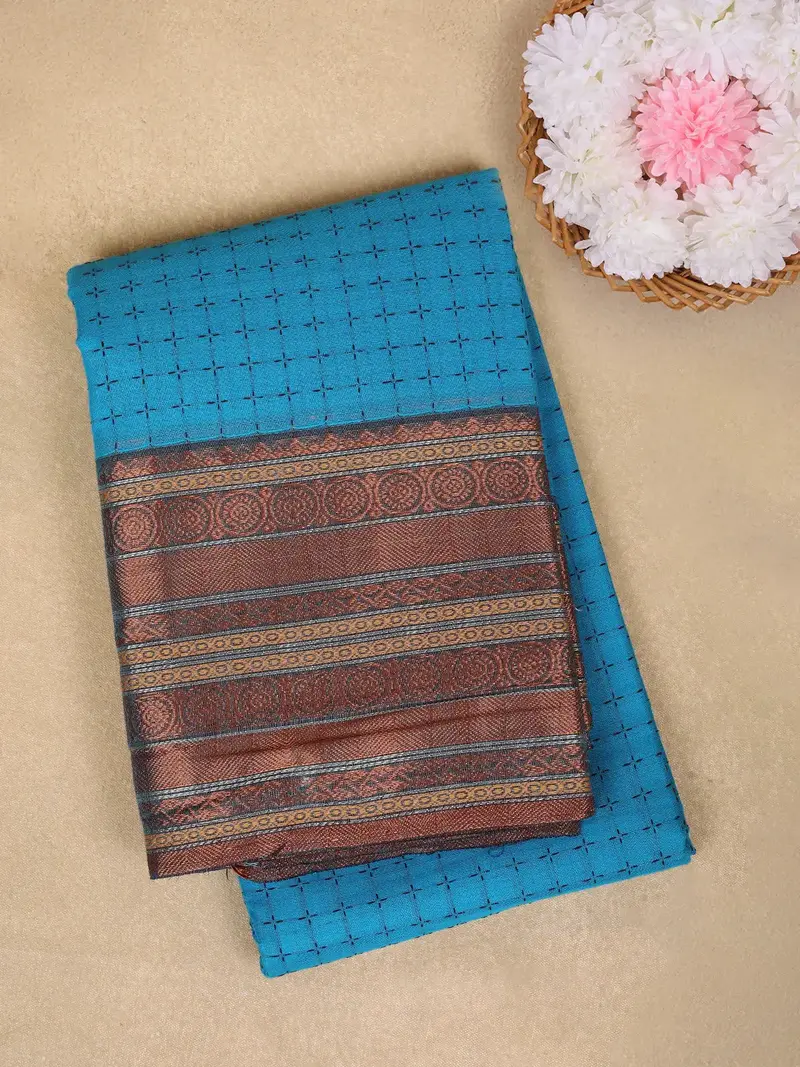 Blue Checked Design Cotton Saree With Contrast Zari Border 1