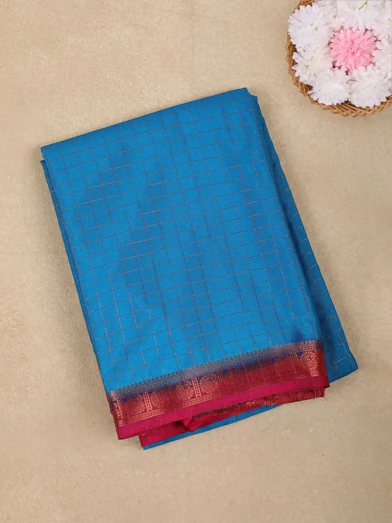 Blue Checked Design Mysore Silk Saree With Contrast Pink Zari Border 1