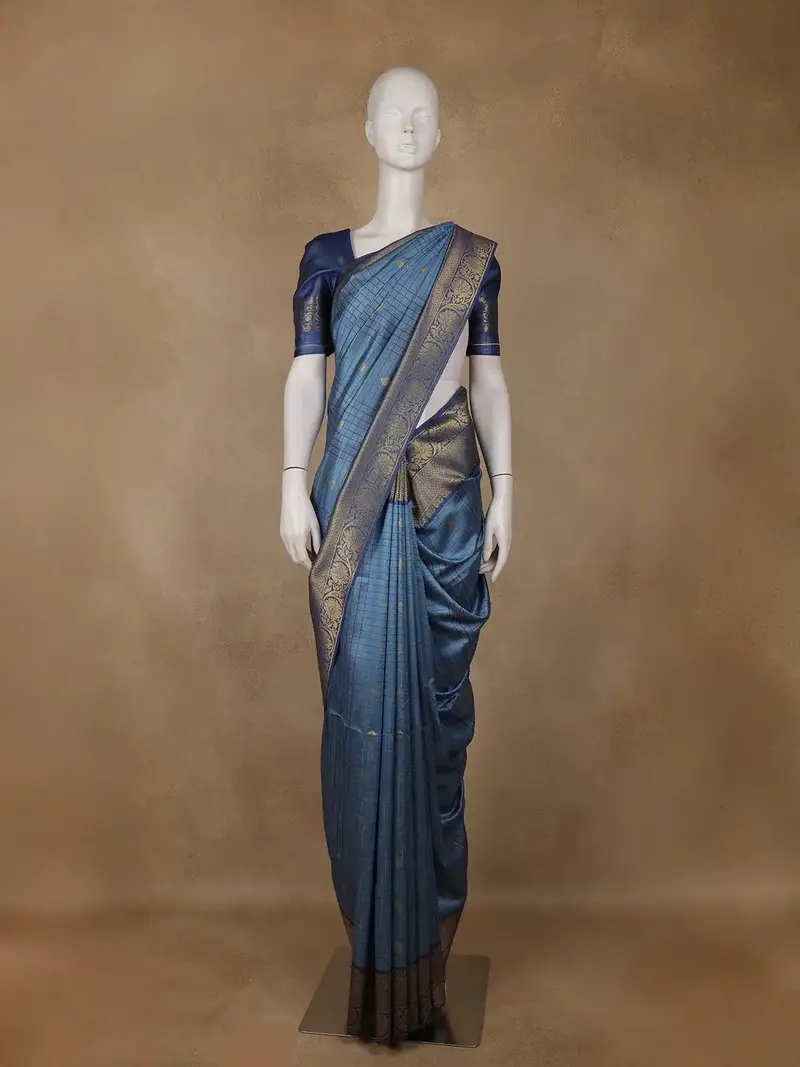 Blue Checked Design Tissue Silk Saree 1