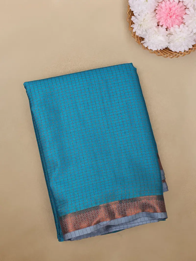 Blue Checks Woven Mysore Silk Saree With Contrast Copper Zari Border 1