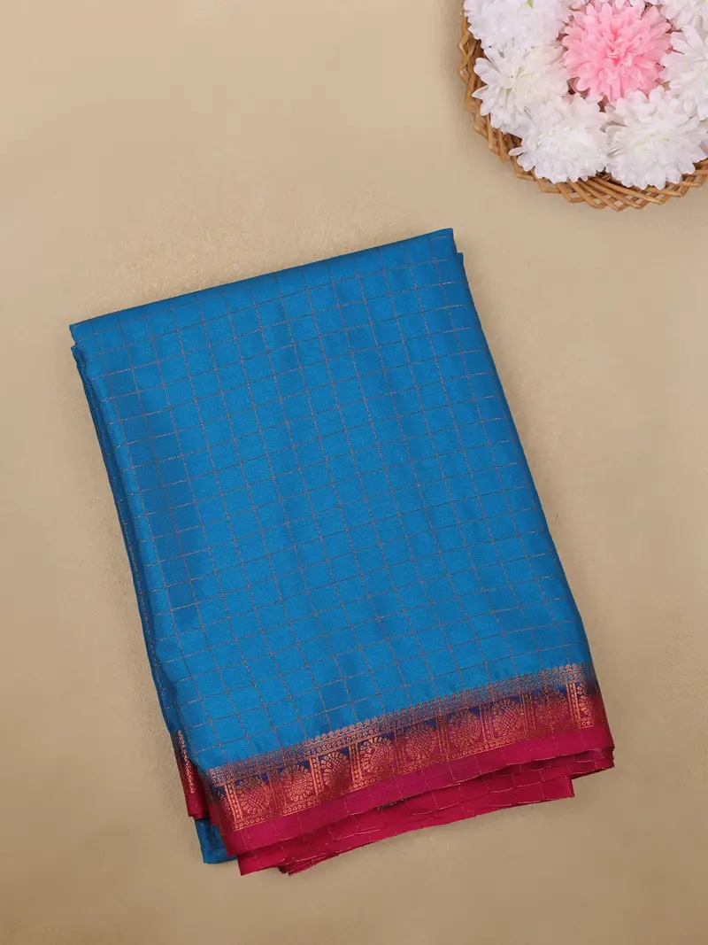 Blue Checks Woven Mysore Silk Saree With Contrast Pink Zari Border 1