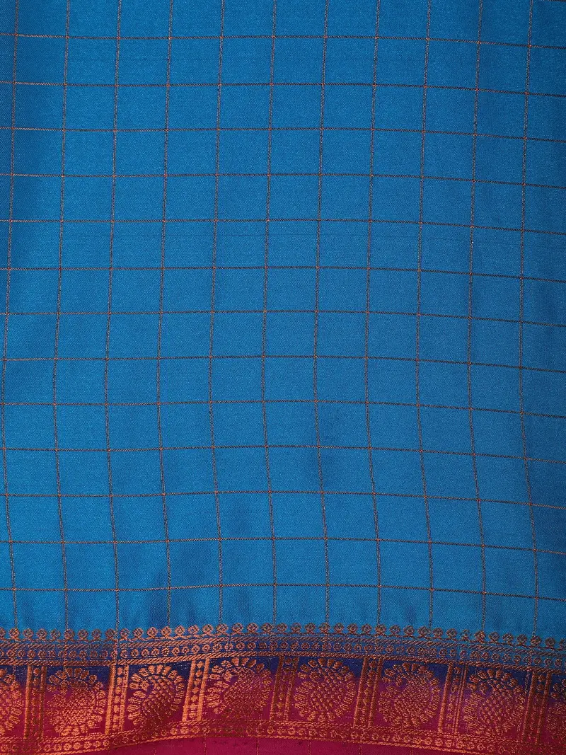 Blue Checks Woven Mysore Silk Saree With Contrast Pink Zari Border 2