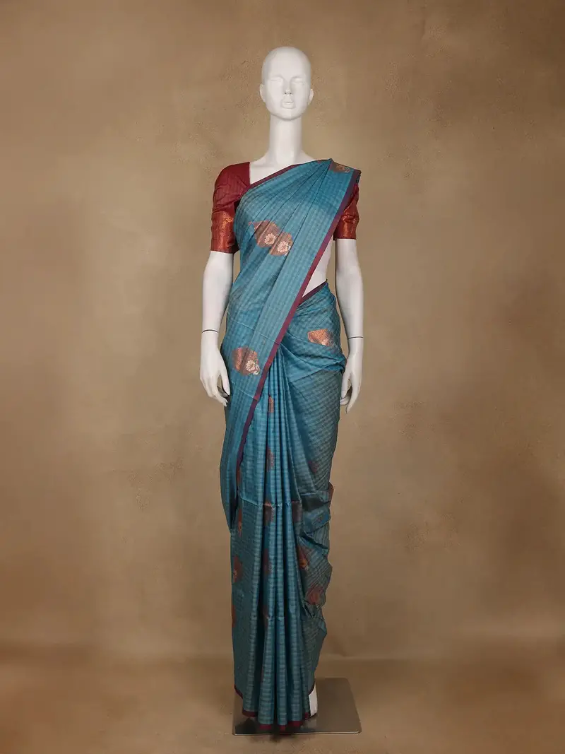 Blue Checks Woven Soft Silk Saree 1