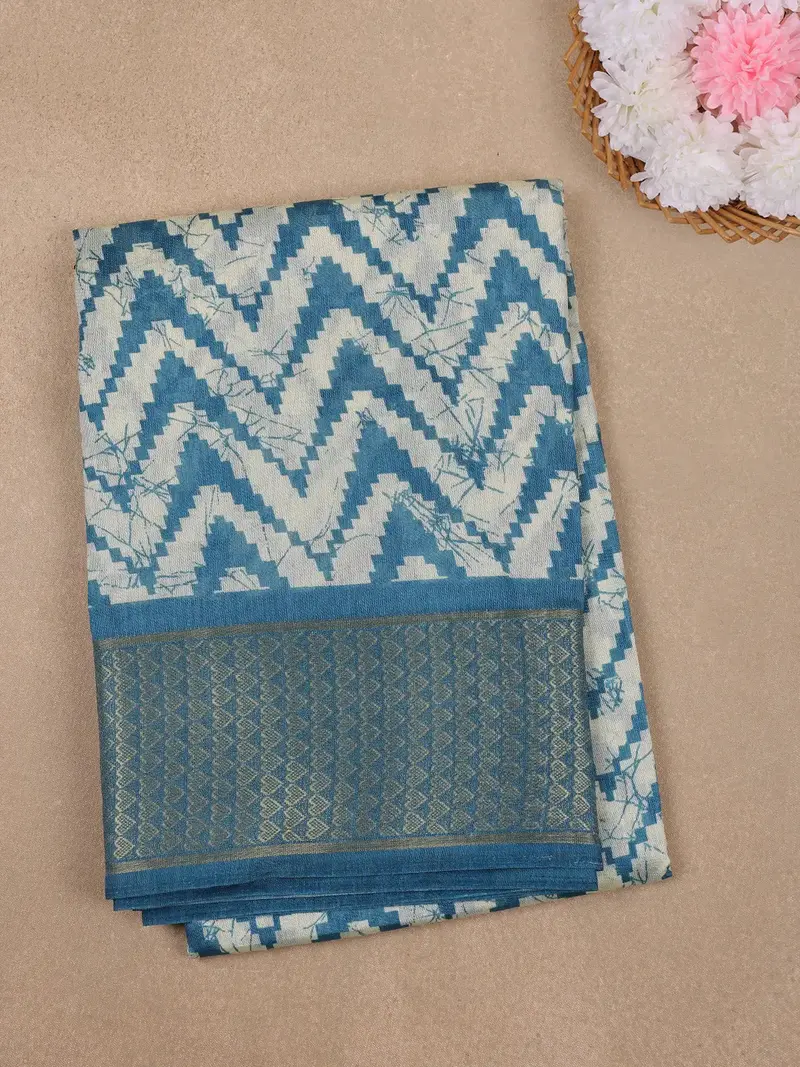 Blue Chevron Designed Fancy Cotton Saree 1