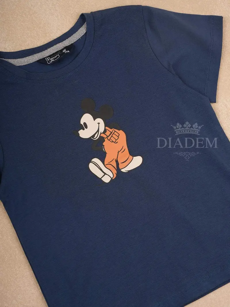 Blue Cotton Half Sleeve T-Shirt With Mickey Mouse Print For Boys 2