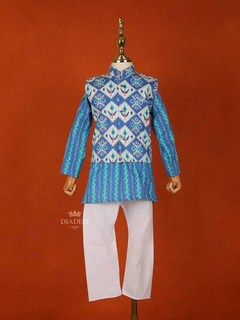 Blue Cotton Kurta With White Pants And Matching Overcoat 1