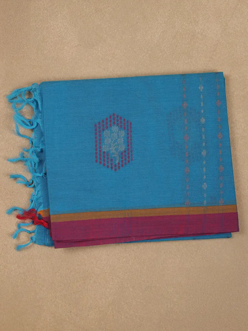 Blue Cotton Saree With Geometric Butta And Contrast Border 1