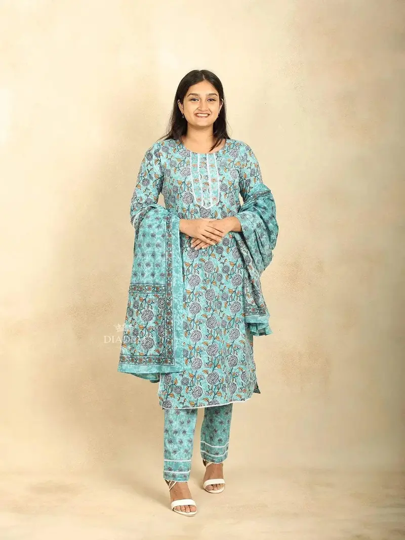 Blue Cotton Straight Cut Salwar Suit Adorned With Floral Prints And Thread Work Along With Dupatta 1