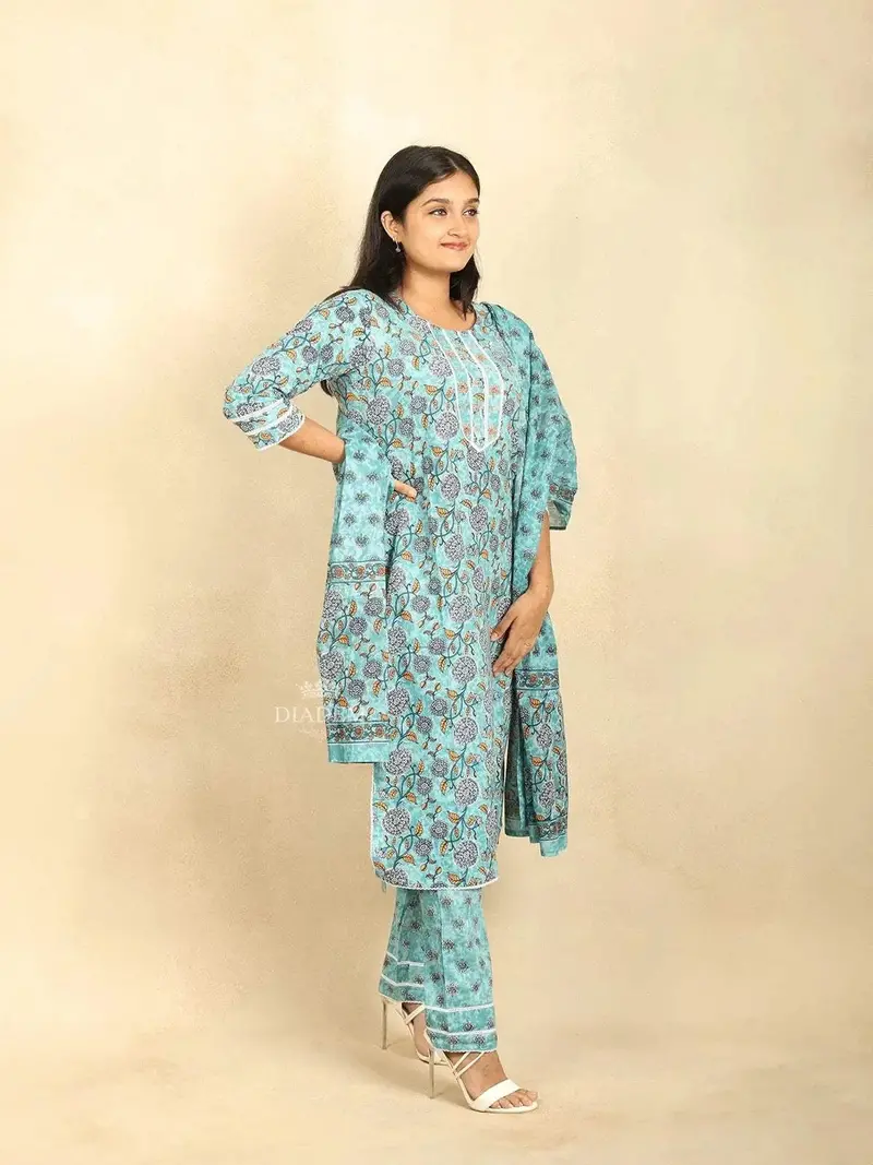 Blue Cotton Straight Cut Salwar Suit Adorned With Floral Prints And Thread Work Along With Dupatta 2