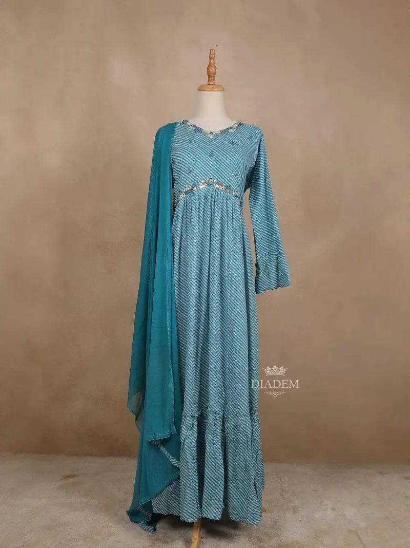 Blue Cotton Straight Cut Salwar Suit Adorned With Stripes And Mirror Work Paired With Dupatta 1