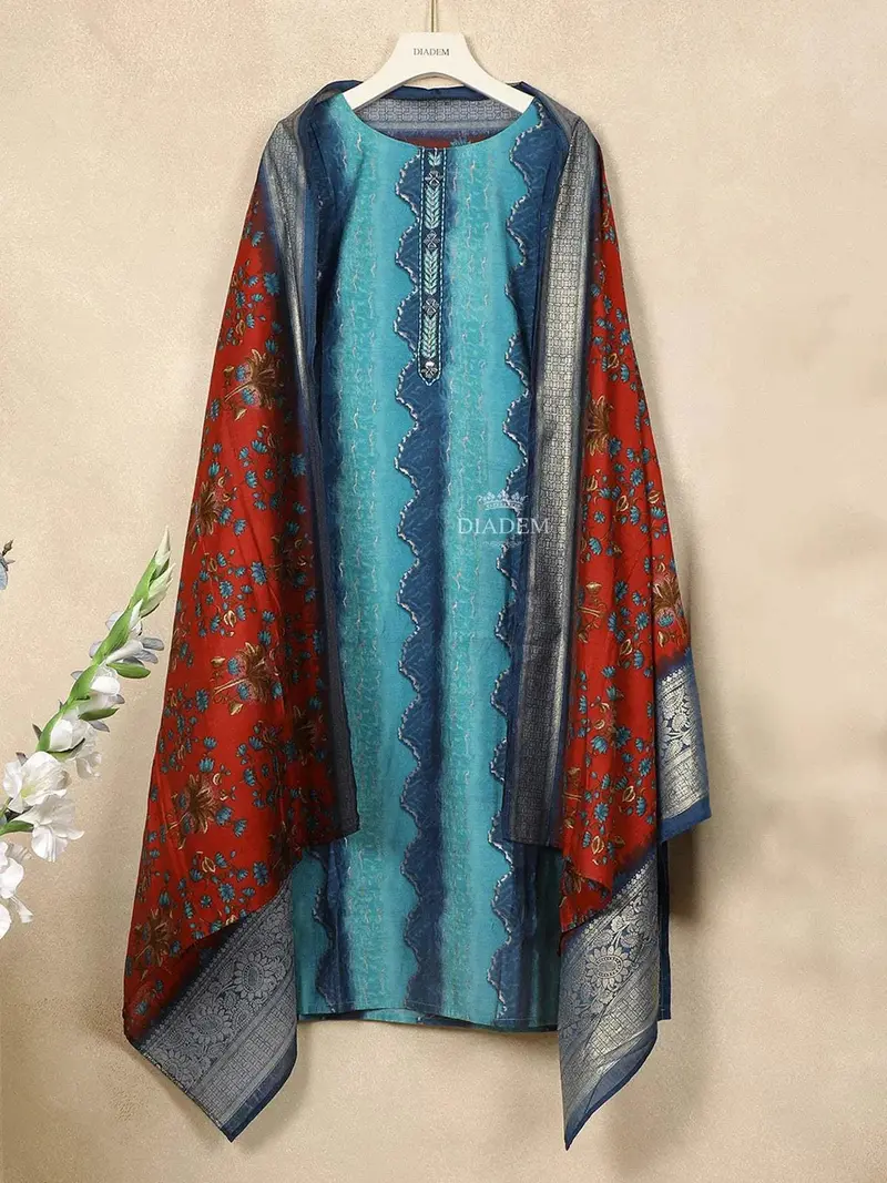Blue Cotton Straight Cut Salwar Suit For Women Adorned With Sequins And Design Prints Paired With Dupatta 2