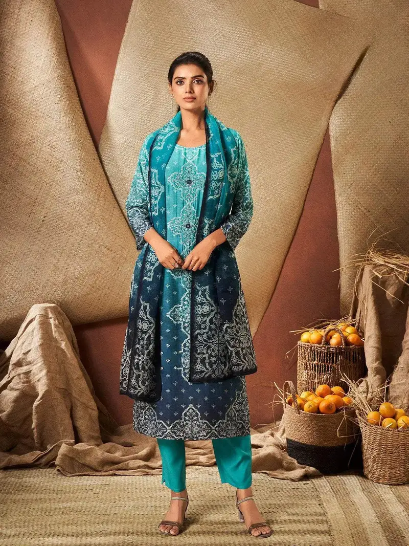 Blue Crepe Floral Printed Salwar Suit 1