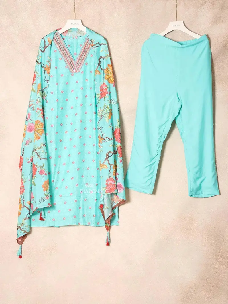 Blue Crepe Straight Cut Salwar Suit For Girls With Floral Print And Embroidery Paired With Dupatta 1