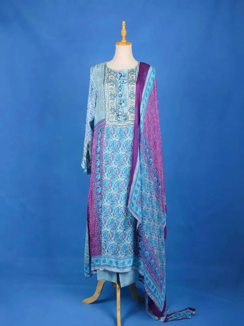 Blue Crepe Straight Cut Salwar Suit For Women Adorned With Floral Prints With Full Sleeves And U- Neck 1