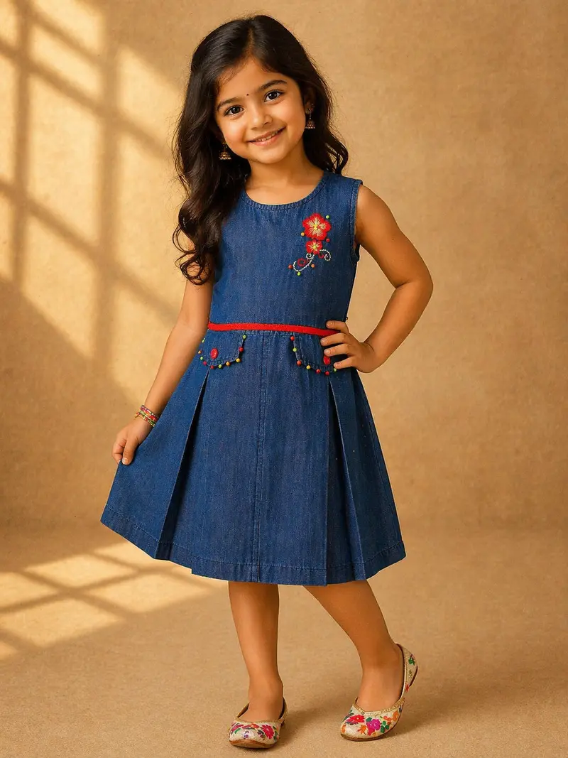 Blue Denim Frock Adorned With 3D Flowers And Closed Neck For Girls 1