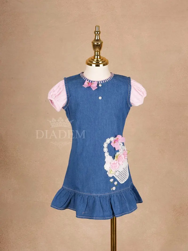 Blue Denim Frock Adorned With Floral Basket Designs And Puff Sleeve For Girls 1