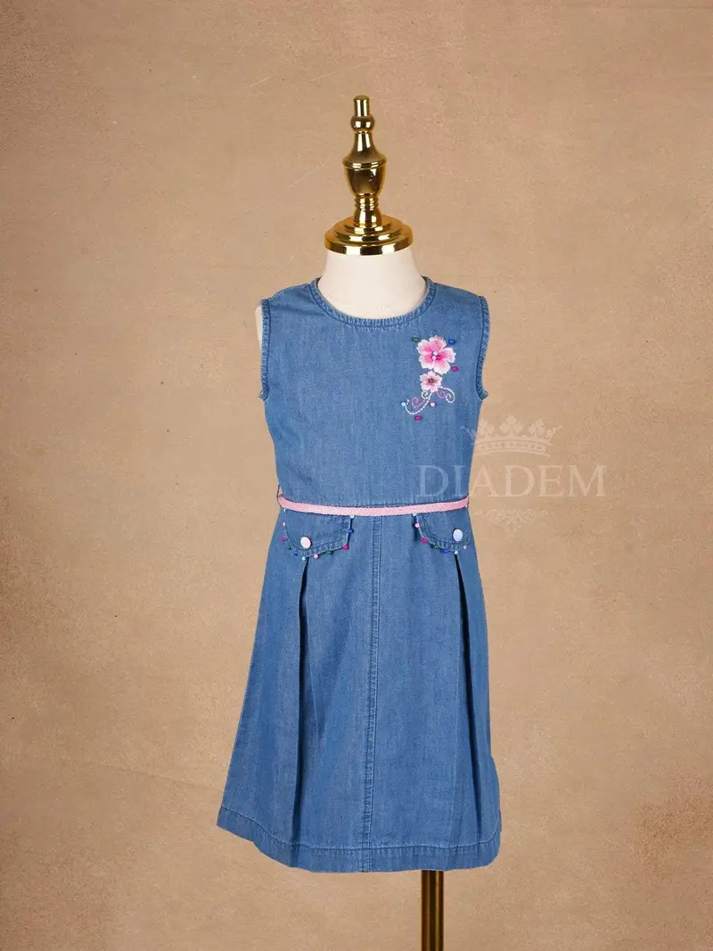 Blue Denim Frock Adorned With Flowers Designs And Closed Neck For Girls 1