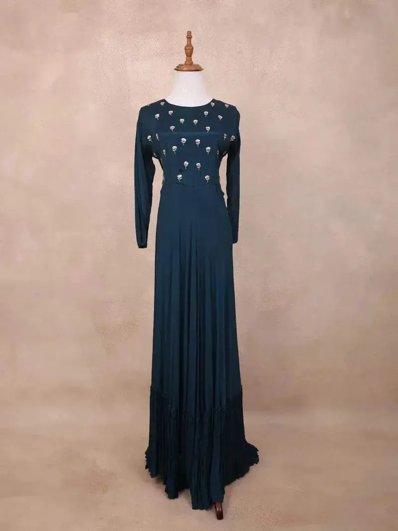 Blue Fancy Full Sleeve Gown With Floral Sequins And Beads 1