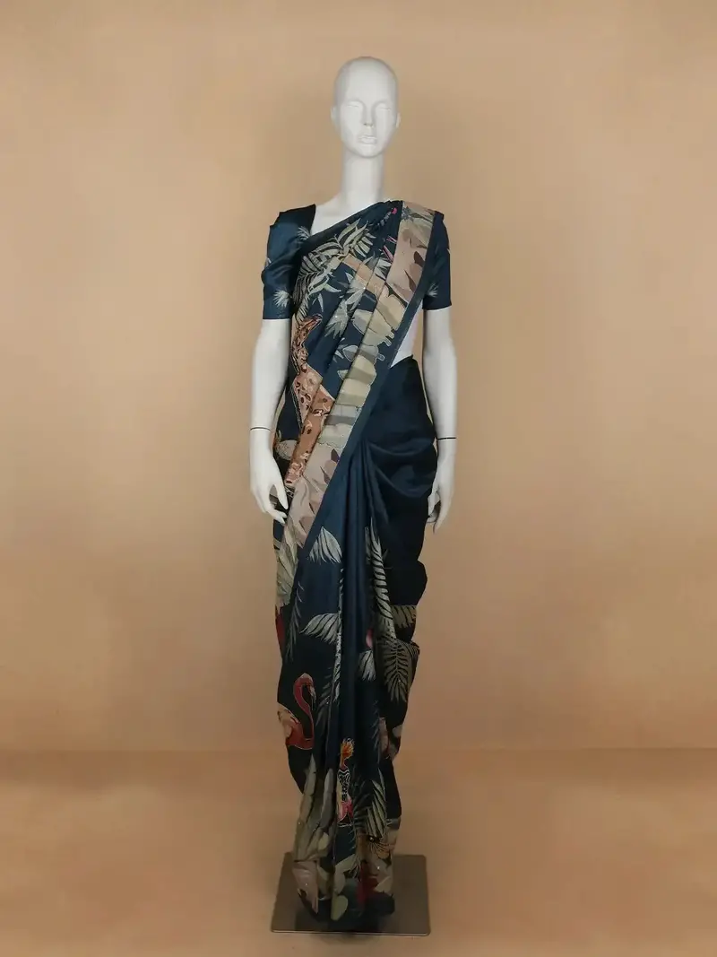 Blue Floral And Bird Designed Semi Tussar Saree 1