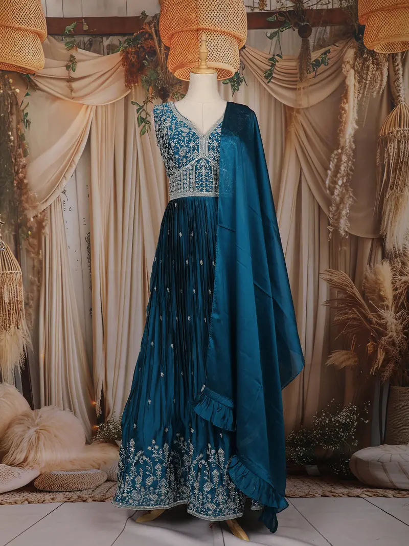 Blue Floral And Thread Work Design Organza Party Wear Gown 1