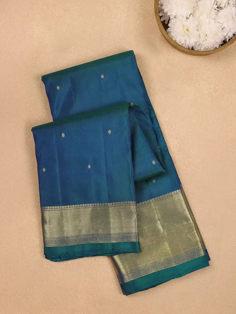 Blue Floral Buttis Pure Kanchipuram Silk Saree 1
