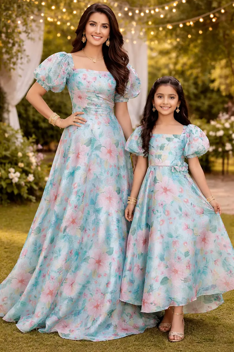 Blue Floral Design Gowns For Mother & Daughter 1