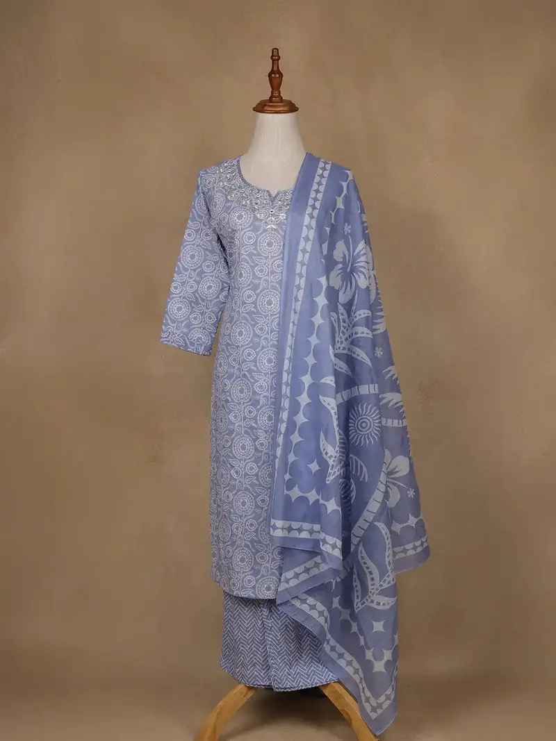 Blue Floral Design Printed Cotton Salwar Suit 1