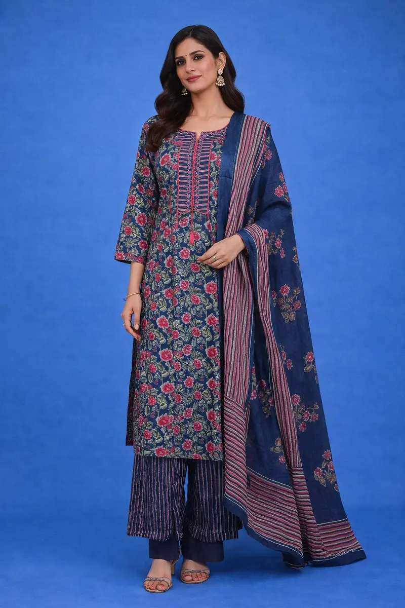 Blue Floral Design Printed Cotton Salwar Suit 1