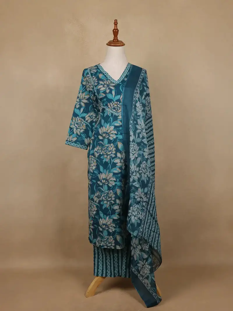 Blue Floral Design Printed Cotton Salwar Suit 1