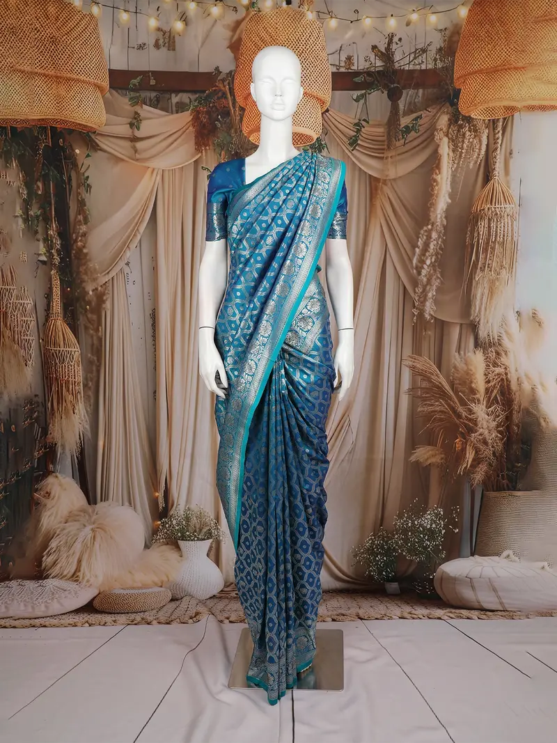 Blue Floral Design Semi Banarasi Saree 1