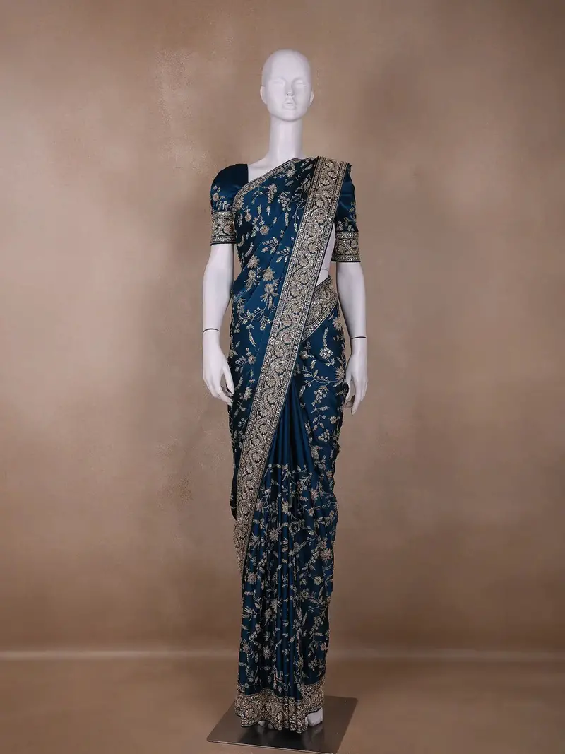 Blue Floral Designed Chiffon Saree 1