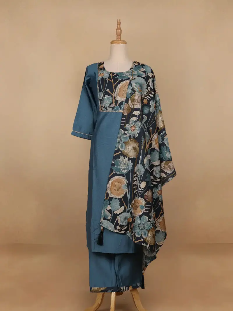 Blue Floral Designed Cotton Salwar Suit 1