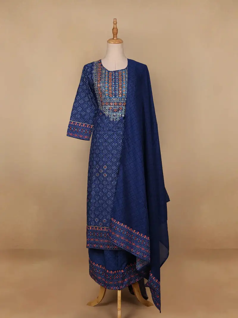 Blue Floral Designed Cotton Salwar Suit 1