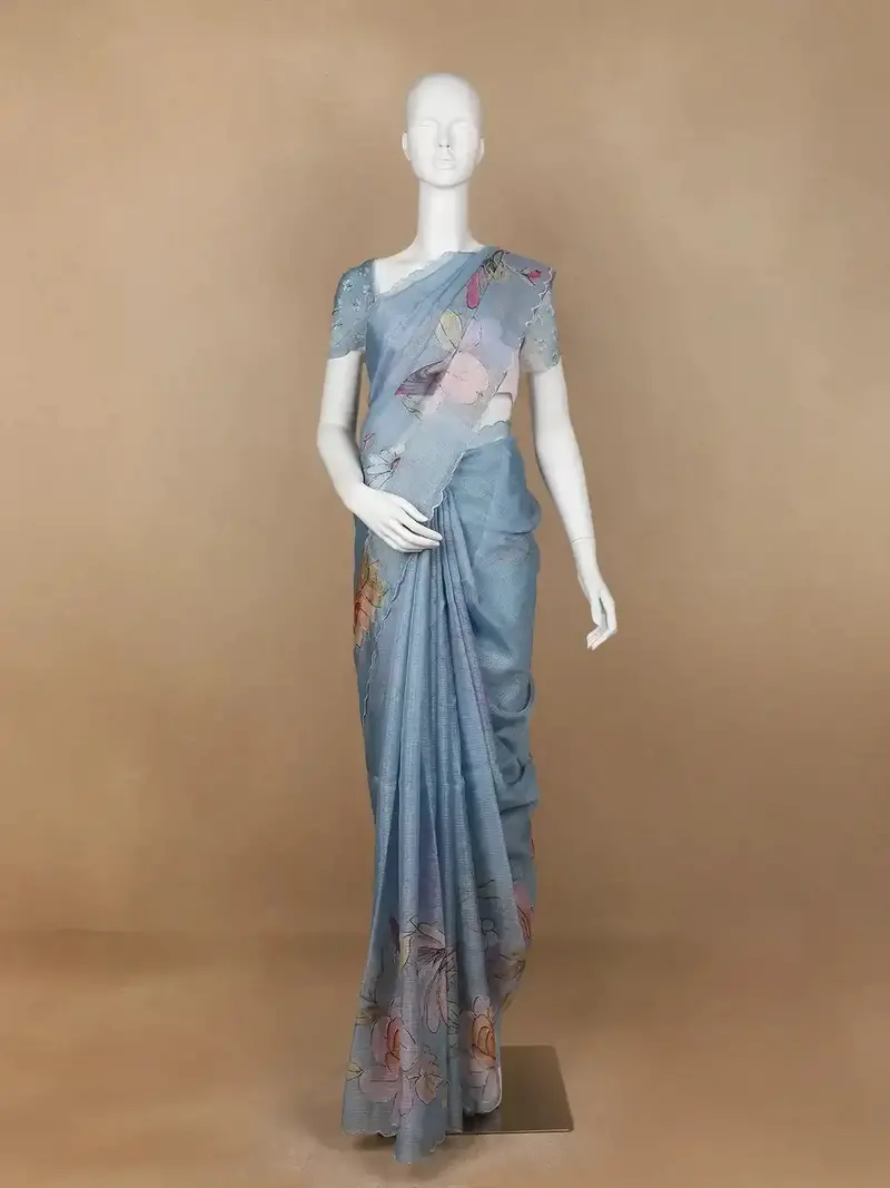 Blue Floral Designed Cotton Saree 1