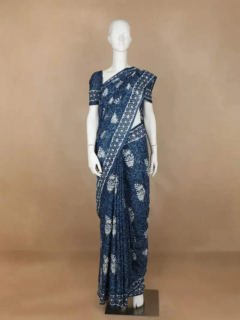 Blue Floral Designed Cotton Saree 1