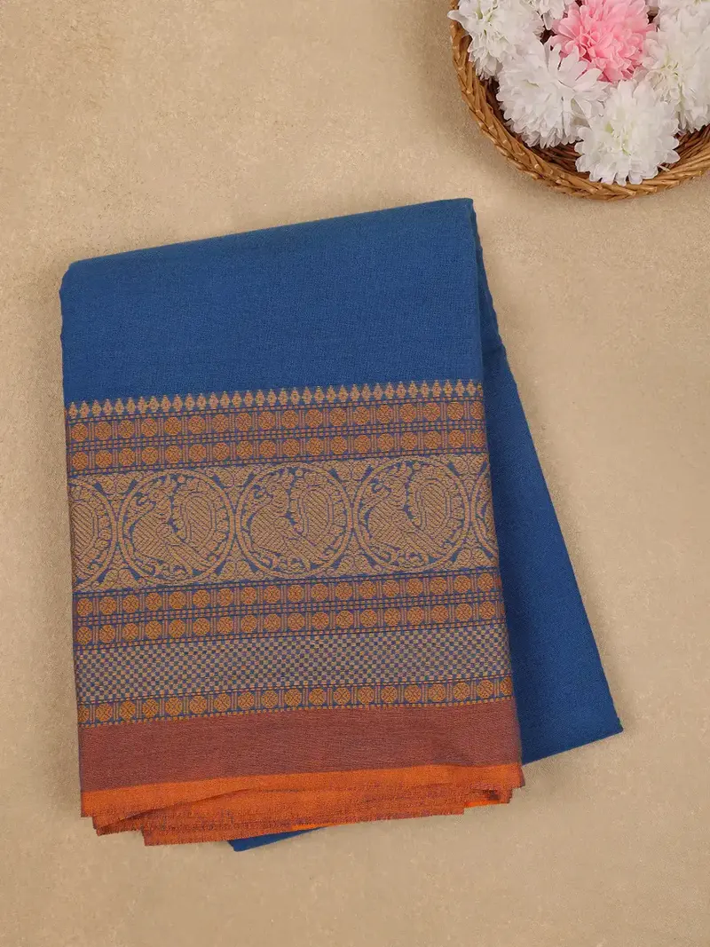 Blue Floral Designed Cotton Saree 1