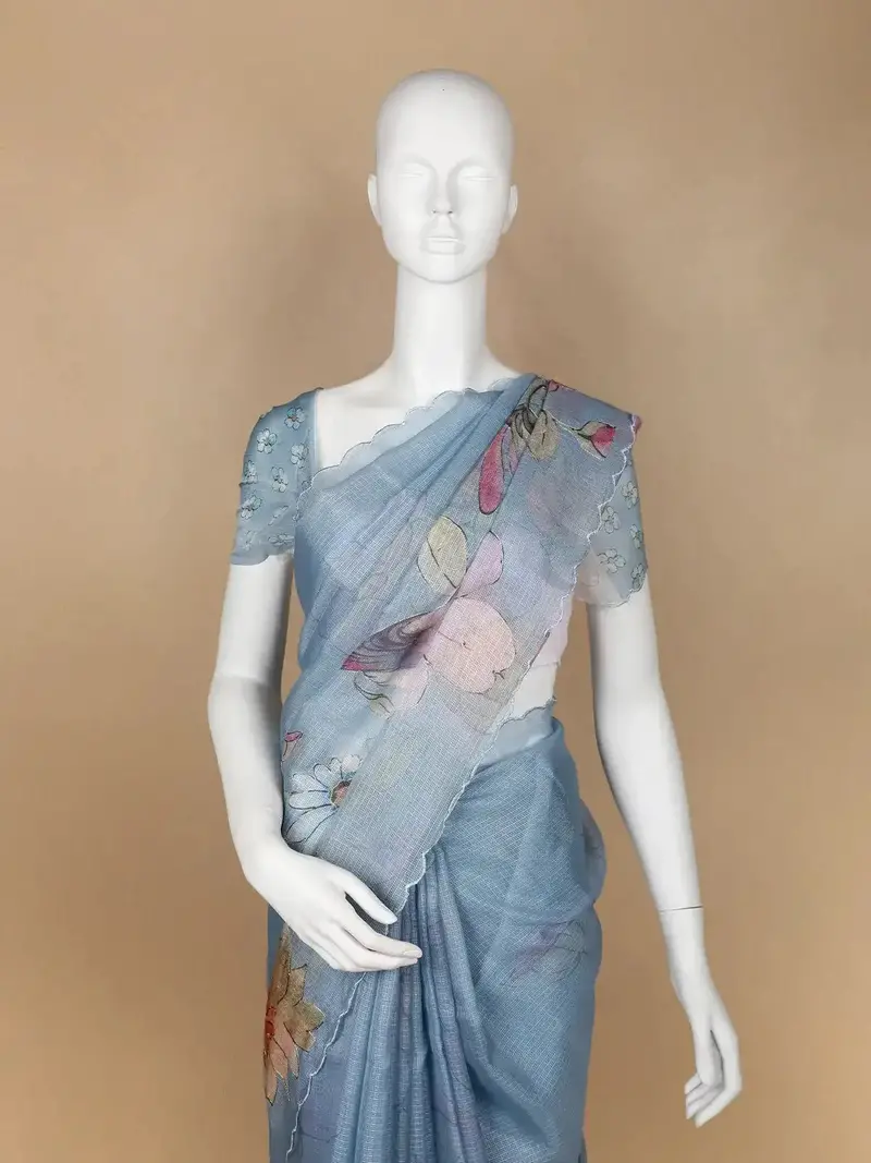 Blue Floral Designed Cotton Saree 2