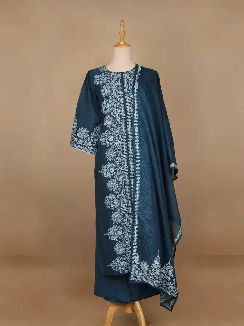 Blue Floral Designed Cotton Straight Cut Salwar Suit 1