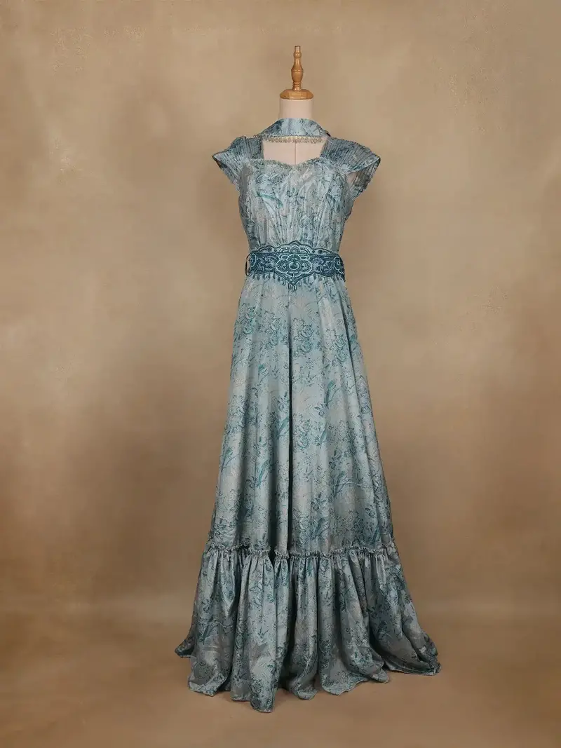 Blue Floral Designed Crepe Gown 1