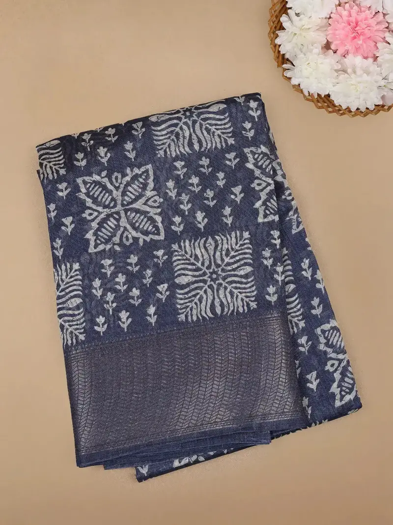 Blue Floral Designed Fancy Cotton Saree 1