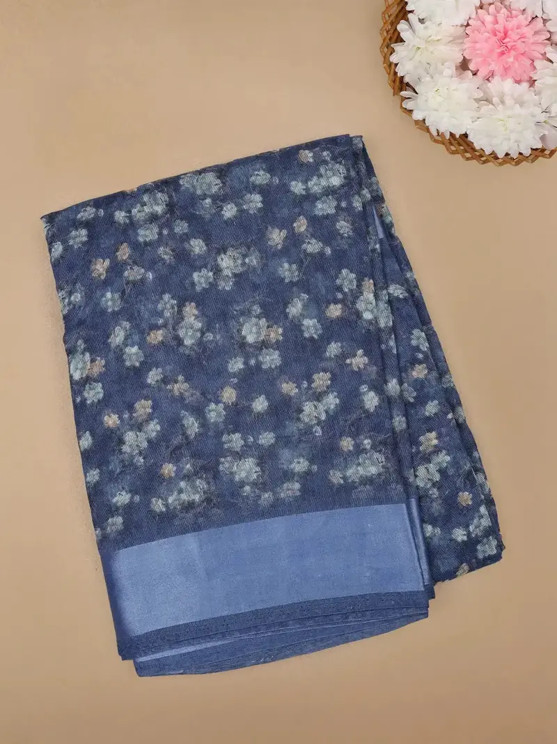 Blue Floral Designed Fancy Cotton Saree 1