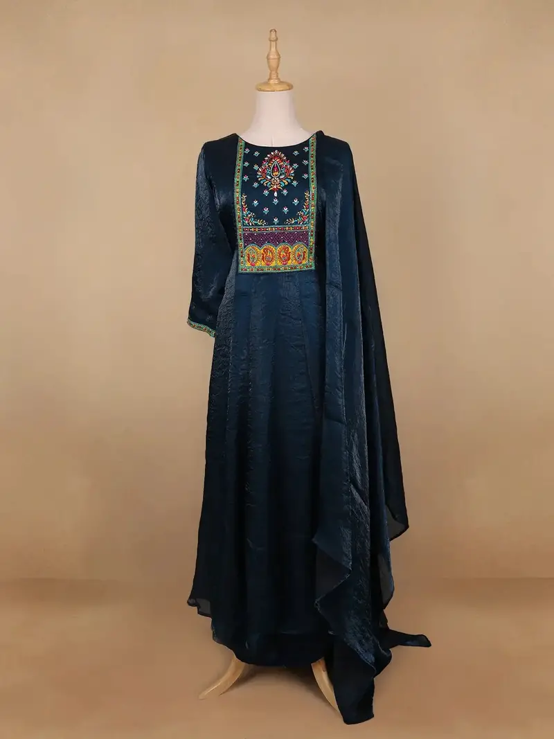 Blue Floral Designed Organza Anarkali Salwar Suit 1