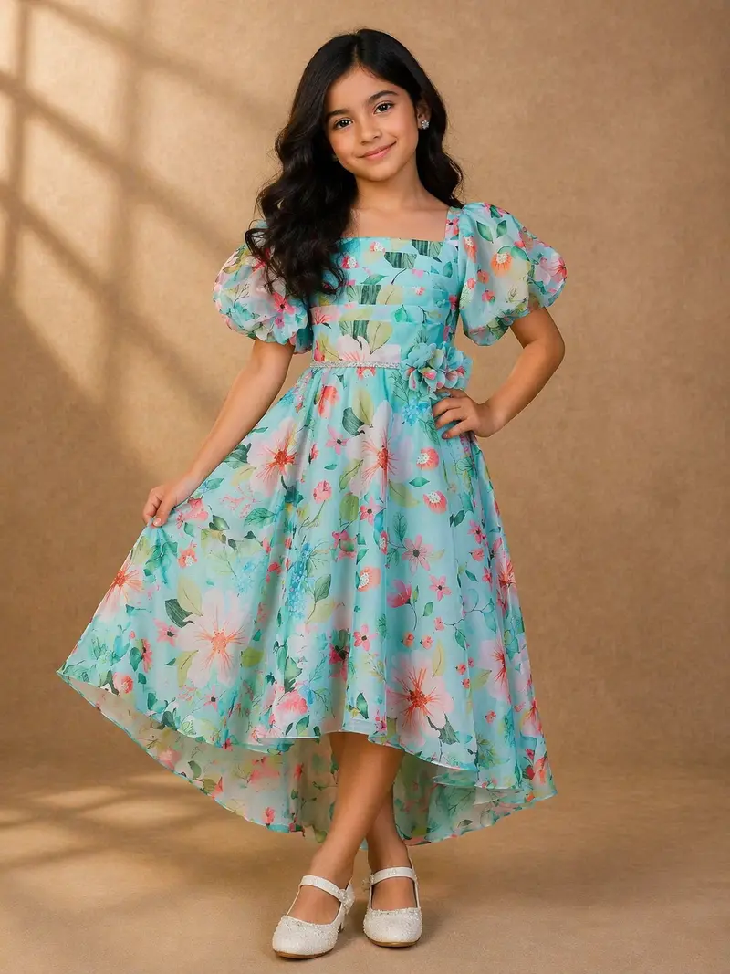 Blue Floral Designed Party Gown For Girls 1
